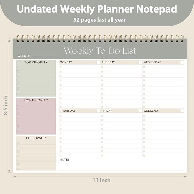 Weekly To Do List Notepad, Undated Planner with 52 Sheets (8.5''x11'') | Desk Accessories and Supplies, Women & Man, Home School & Work