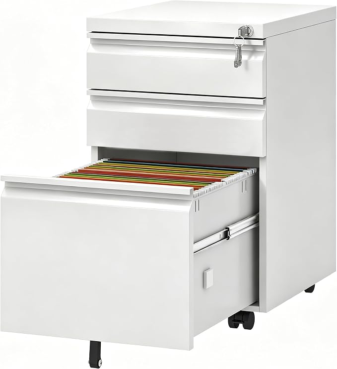 3 Drawer Metal File Cabinet with Lock, Fully Assembled Mobile Filing Cabinet on Wheels, Under Desk Office Storage Organizer for Letter/Legal/A4 Files, White