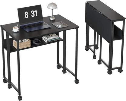 24.8" Folding Rolling Desk with Storage Shelf, Small Foldable Computer Table on Wheels for Home Office & Small Spaces, Portable Workstation with Brakes, Black