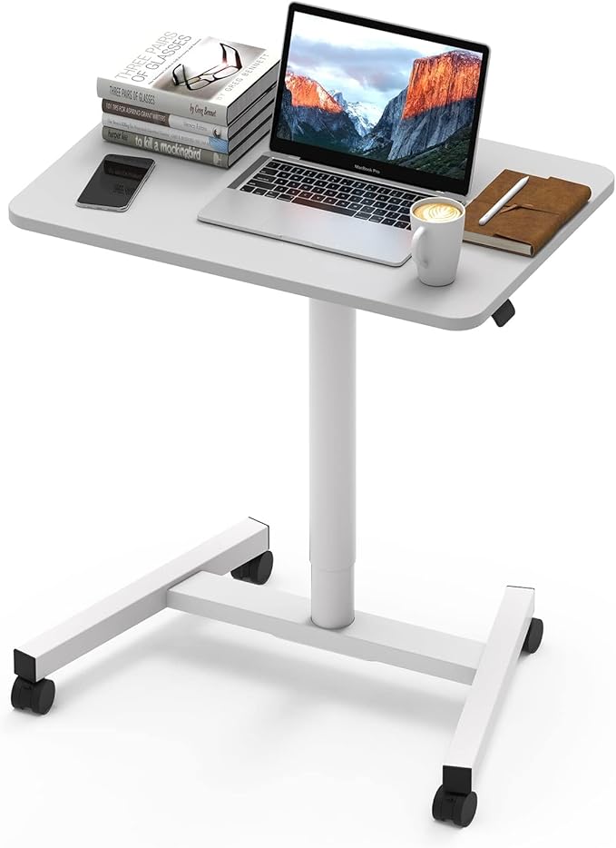 28-Inch Mobile Standing Desk, Computer Workstations with Cup Holder, Portable Standing Desk with Lockable Wheels, Rolling Table for Home Office Classroom Hospital (White)