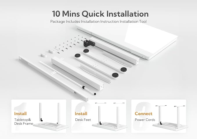 Claiks Glass Standing Desk with Drawers, 48×24 Inch Adjustable Stand Up Desk, Quick Install Home Office Computer Desk with USB Ports, White