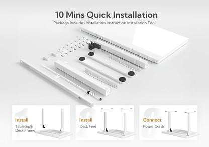 Claiks Glass Standing Desk with Drawers, 55 Inch Adjustable Stand Up Desk, Quick Install Home Office Computer Desk with USB Ports, White
