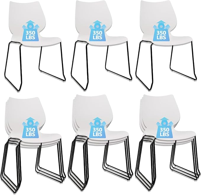KLASIKA Stackable Waiting Room Chair, Stacking Office Chair with Ergonomic Lumbar Support and Metal Legs, Plastic Desk Chairs for Conference School Church Guest Reception Set of 12, White