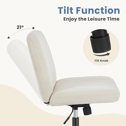 DUMOS Criss Cross Chair No Wheels Wide Cross Legged Office Desk Vanity Chair Comfy Fabric Armless Adjustable Swivel for Home Computer Task (Beige)