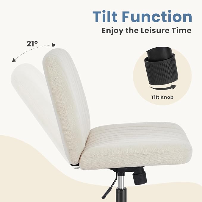 DUMOS Criss Cross Chair No Wheel Legged Office Wide Comfy Desk Vanity Chair, Armless Computer Task Seating PU Leather, Swivel Home Height Adjustable for Bedroom, Study, Beige Dual Base
