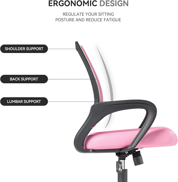 Office Chair, Ergonomic Mid-Back Mesh Desk Chair, 6 Pack, Pink | Lumbar Support, Adjustable Height, Rolling Wheels Design, Comfy Armrest, For Work, Study, Gaming