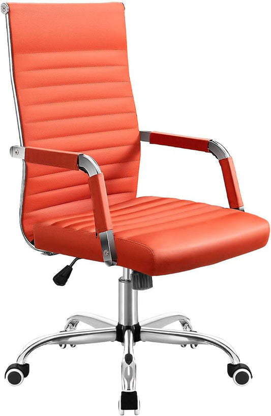 Shahoo Ribbed Office Chair, Mid-Back PU Leather Office Chair Executive Task Chair with 360° Swivel Wheels for Conference Room, Home Offices (Orange)