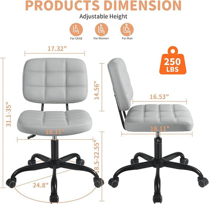 Armless Home Office Desk Chair - Small Swivel Office Desk Chairs with Rolling Wheels - Adjustable PU Leather Computer Chair with Comfy Low Back - For Small Space, Bedroom, Home, Vanity - Light Gray