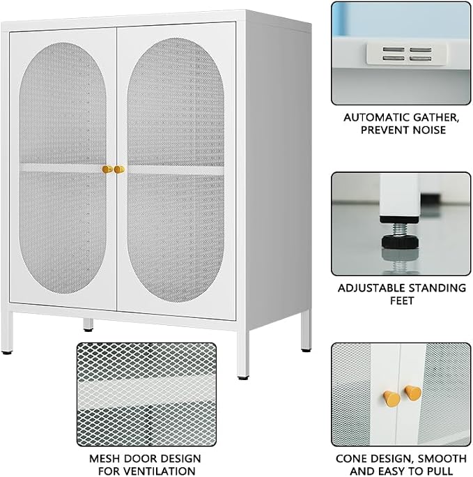 Small 2 Mesh Door Metal Storage Cabinet for Pantry,Office Room,Kitchen,Bathroom,Living Room, Hallway-Locker Cabinet with 1 Adjustable Shelf(mesh Door, White)