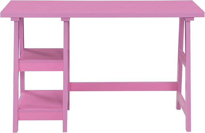 Convenience Concepts Designs2Go Trestle Desk 47" - Modern Desk or Vanity with Shelves, for Office, Dorm, Living Room, Pink