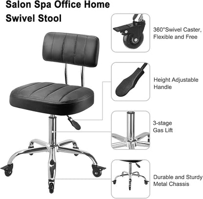 JOSTZHXIN Office Desk Chair with Wheels, Rolling Stool with Backrest Height Adjustable, Swivel Stool with Low Back Lumbar Support, Square PU Leather Swivel Chair with Back (3.2-in PU Wheel)