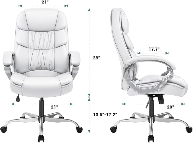 GUNJI Office Chair PU Leather High Back Executive Chair Ergonomic Computer Chair, Modern Adjustable Home Desk Chair Swivel Managerial Chair with Padded Armrests and Lumbar Support (White)