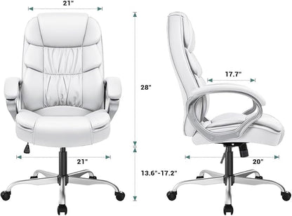 GUNJI Office Chair PU Leather High Back Executive Chair Ergonomic Computer Chair, Modern Adjustable Home Desk Chair Swivel Managerial Chair with Padded Armrests and Lumbar Support (White)