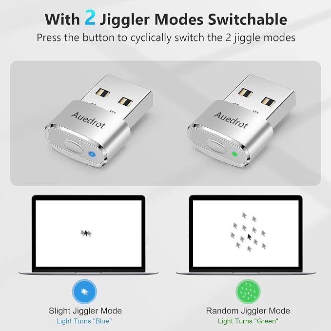 AUEDROT USB Mouse Mover - Automatic Mouse Wiggler with 2 Jiggle Modes, Switch Button, Plug & Play, Keep Computer/Laptop Awake, Silver