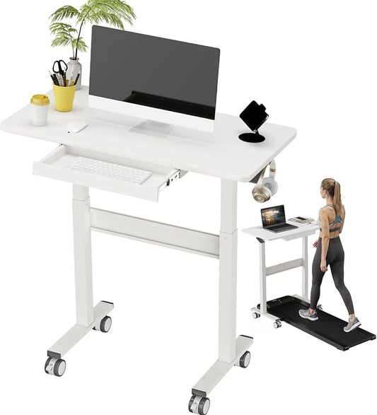 Standing Desk for Walking Pad with Wheels, Pneumatic Cordless Height Adjustable Rolling Desk, Mobile Computer Workstation with Drawer Hook Locking Casters for Treadmill & Home Office, White