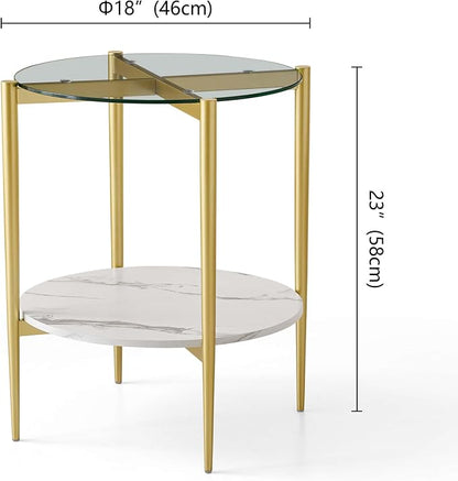 LumFurn Round Glass End Table, Mid-Century Modern Design Sofa Table for Living Room, D18 x H23 in, 2-Tier Structure, Clear Glass Top and White Marble Shelf, Sleek Conical Legs with Gold Finish Frame
