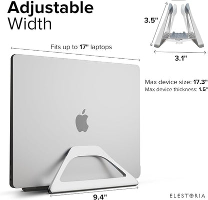 Elestoria Aluminum Vertical Laptop Stand with Gravity Auto-Lock – Adjustable Laptop Holder Vertical fits MacBook Pro/Air, Chromebook & Gaming Laptops up to 17.3" – Space-Saving Desktop Dock - Silver
