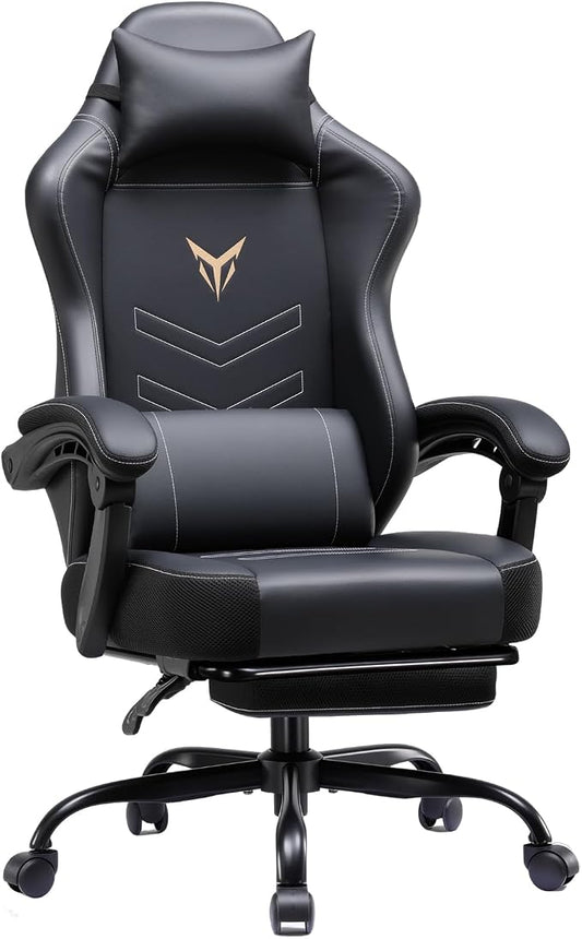 GTPLAYER Gaming Chair, Office Chair High Back Computer Chair with Foot Rest for Adults, Leather Desk Chair Executive Ergonomic Height Adjustable with Headrest and Lumbar Support, 300lbs Dark Black