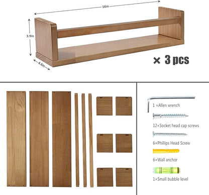 AZSKY Nursery Book Shelves for Wall Bookshelf for Kids Wood Floating Book Shelves16 Inch Wall Shelves for Living Room Bedroom Decor Kitchen Spice Rack Bathroom Storage Organizer Shelf Set of 3