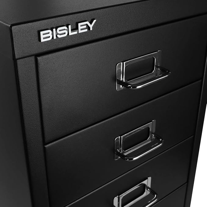 Bisley 6-Drawer Steel MultiDrawer Cabinet - Black | Chrome Pull Handles with Label Holders, Powder-Coated Steel, Removable Drawers, Fits Under Most Desks, Labels Included