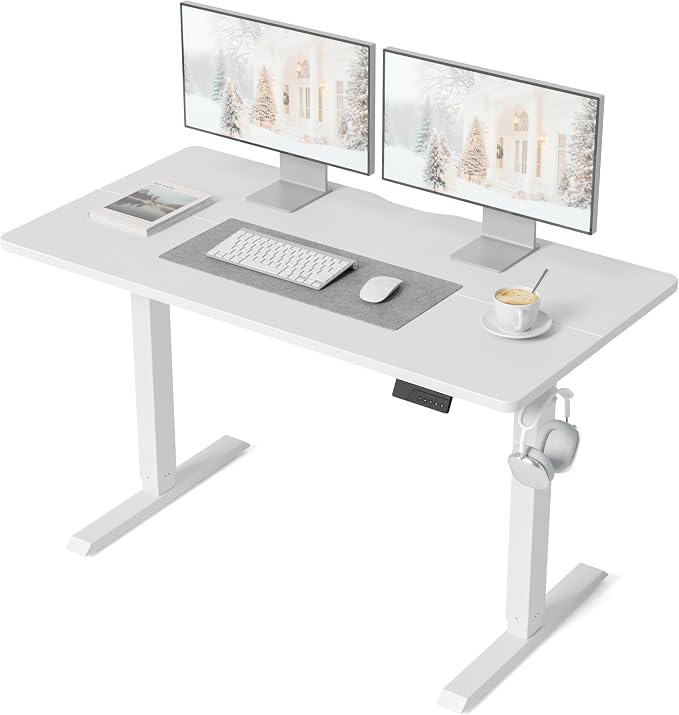DESINO Standing Desk, 48 × 24 Inches Electric Height Adjustable, Sit and Stand Up, Computer Office Desk with Splice Board, White Frame/White TOP