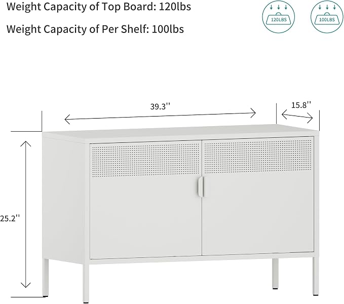 Chshin Metal Storage Cabinet with Doors,White Accent Cabinet,Metal Locker Storage Cabinets,2 Door TV Media Stand with Removable Shelves for,Home,Office,Entryway,Living Room