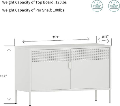 Chshin Metal Storage Cabinet with Doors,White Accent Cabinet,Metal Locker Storage Cabinets,2 Door TV Media Stand with Removable Shelves for,Home,Office,Entryway,Living Room