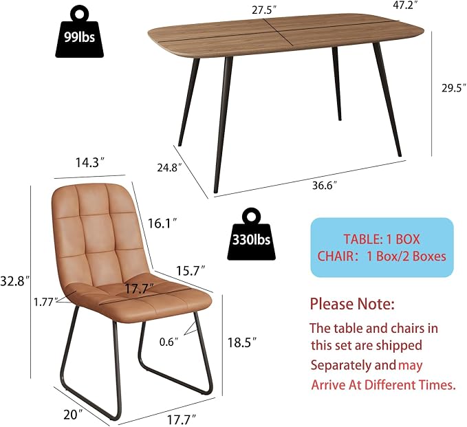 HIPIHOM 47.2'' Dining Table Set for 4,Modern Wood Dining Table,Leather Dining Chairs 4,Table and Chairs Set of 4,Ideal for Kitchen Dining Room (Walnut Color Table + 4 U-Shaped Brown Chairs, 47.2")