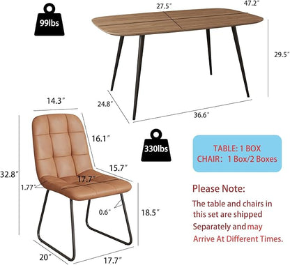 HIPIHOM 47.2'' Dining Table Set for 4,Modern Wood Dining Table,Leather Dining Chairs 4,Table and Chairs Set of 4,Ideal for Kitchen Dining Room (Walnut Color Table + 4 U-Shaped Brown Chairs, 47.2")