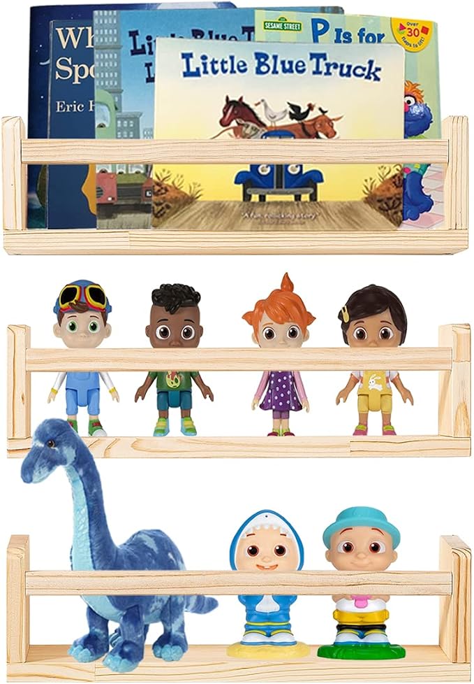 AZSKY Floating Nursery Book Shelves-Natural Wood Bookshelf for Kids Room 16 Inch, Small Bookshelf Wall Mounted for Baby Boys Girls-Living Room, Bathroom, Kitchen, Decor & Storage for Books and Dolls