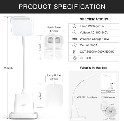 Desk Lamp with Wireless Charger - LED Desk Lamps for Home Office with Pen Holder, 800LM, 3 Color Modes, Flexible Arm, Eye-Caring White Table Lamps for Home College Dorm Room