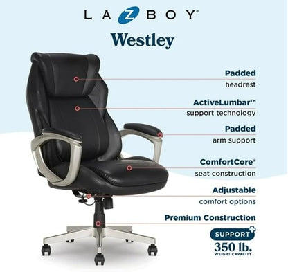 Lazzyboyy Executive Office Chair, Black Leather, Big and Tall, Active Lumbar Support, Ergonomic Design with Silver Base-Patented Active Lumbar Technology-Construction Supports up to 350lbs