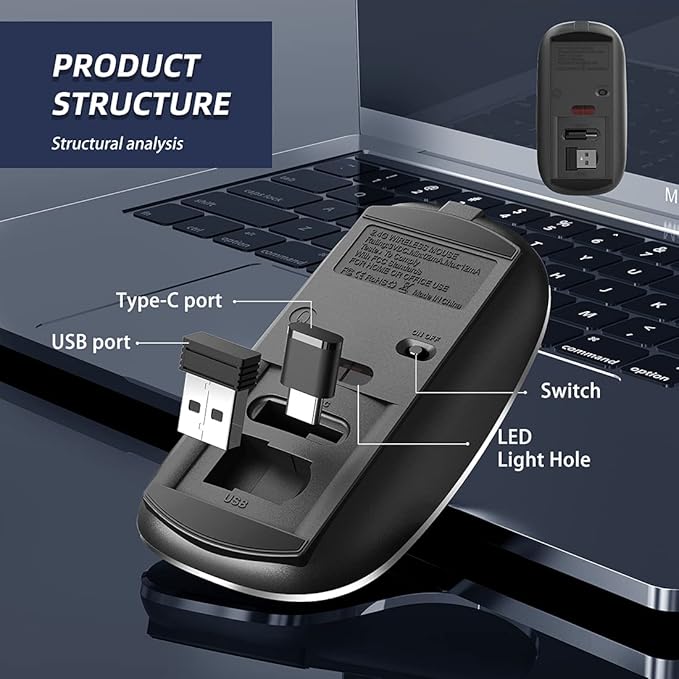 Halpilt Wireless Mouse Chargeable Portable Silent USB-A and Type-C Dual Mode Wireless Mouse 3 Adjustable DPI for Laptop, Mac, Android, PC (Q23S Black)
