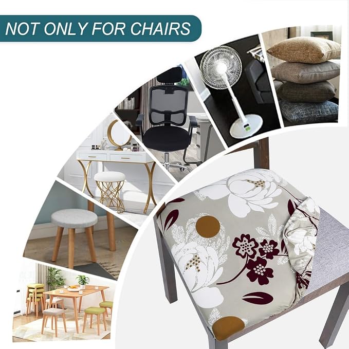 SearchI Water Repellent Seat Covers for Dining Chairs, 6 Pack Jacquard Stretch Dining Room Chair Seat Covers, Kitchen Chair Seat Covers Protectors(Brown Flower)