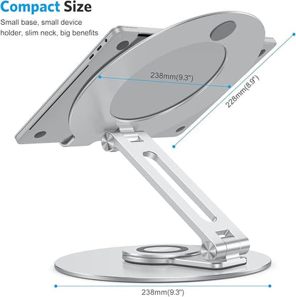 OMOTON Adjustable Laptop Stand with 360 Rotating Base, Ergonomic Laptop Riser for Collaborative Work, Dual Rotary Shaft Fully Foldable for Easy Storage, Fits All Laptops up to 16 inches, Silver
