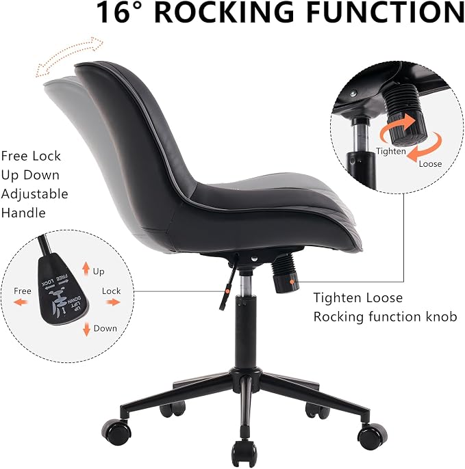 YOUNIKE Black Faux Leather Office Chair Armless Comfy Desk Chair with Rocking Back Cute Swivel Vanity Chair with Wheels Height Adjustable Small Computer Task Chair for Sewing Drafting Ergonomic