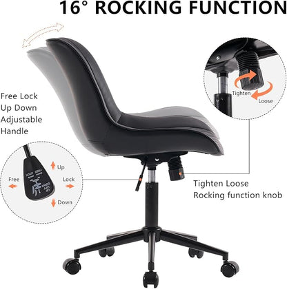 YOUNIKE Black Faux Leather Office Chair Armless Comfy Desk Chair with Rocking Back Cute Swivel Vanity Chair with Wheels Height Adjustable Small Computer Task Chair for Sewing Drafting Ergonomic