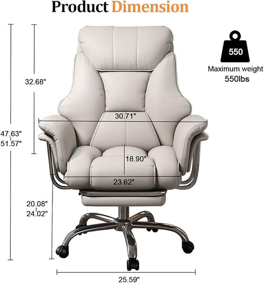 Big and Tall Office Chair 550 lbs Extra Wide Leather Executive Chair with Retractable Footrest, Heavy-Duty Ergonomic Chair, Adjustable Height Computer Gaming Chairs