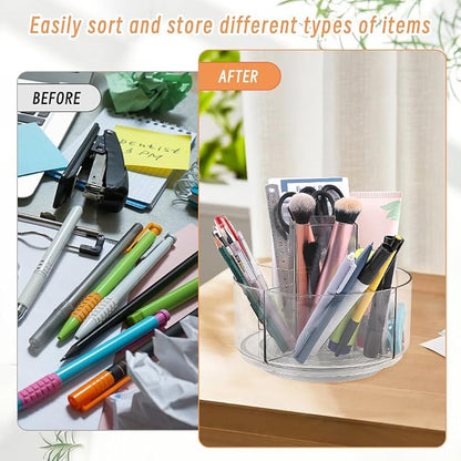 HONUTIGE Acrylic Desk Organizer Clear, 360 Degree Rotating Pen Organizer Large Pen Holder with Mini Paper Clips Stationery Supplies Marker Holder Art Supply Storage Organizer 5 Compartments