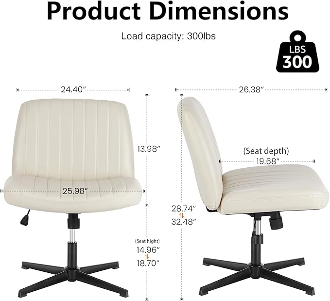 DUMOS Criss Cross Chair No Wheels, Wide Seat Cross Legged Office Desk Vanity Chair, Faux Leather Armless Height Adjustable Swivel Task Computer Chairs for Home, Study, Beige PU
