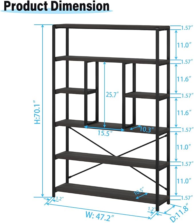 LVB Industrial Tall Bookshelf, Modern Wood Metal 6 Tier Book Shelf, Farmhouse Large 6 Shelf Etagere Bookcase, Open Wide Storage Bookshelves and Bookcases for Bedroom Living Room Office, Dark Gray Oak