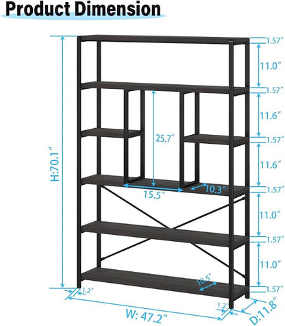 LVB Industrial Tall Bookshelf, Modern Wood Metal 6 Tier Book Shelf, Farmhouse Large 6 Shelf Etagere Bookcase, Open Wide Storage Bookshelves and Bookcases for Bedroom Living Room Office, Dark Gray Oak