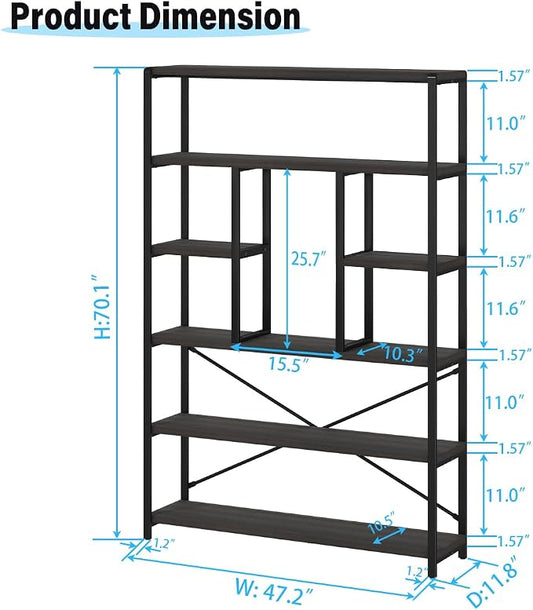LVB Industrial Tall Bookshelf, Modern Wood Metal 6 Tier Book Shelf, Farmhouse Large 6 Shelf Etagere Bookcase, Open Wide Storage Bookshelves and Bookcases for Bedroom Living Room Office, Dark Gray Oak