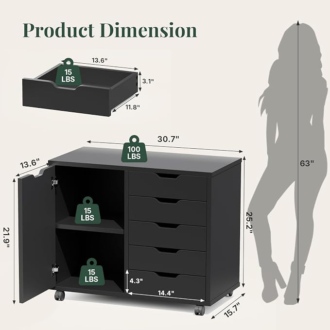 5-Drawer Mobile File Cabinet, Office Organizer with Door Black | Office Storage with Door and Adjustable Shelf Lockable Casters, Wood Printer Stand for Home Office, Living Room, Entryway