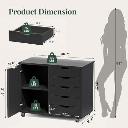 5-Drawer Mobile File Cabinet, Office Organizer with Door Black | Office Storage with Door and Adjustable Shelf Lockable Casters, Wood Printer Stand for Home Office, Living Room, Entryway