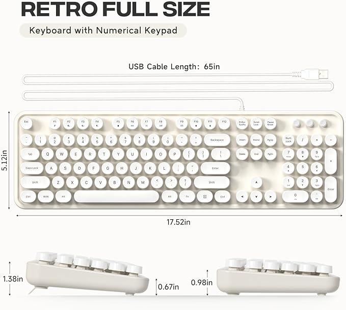 MOWUX Computer Keyboard Wired, Plug and Play USB Retro Round Typewriter Keyboard, Full Size Wired Keyboard with Foldable Stands for Laptop and Office PC- White
