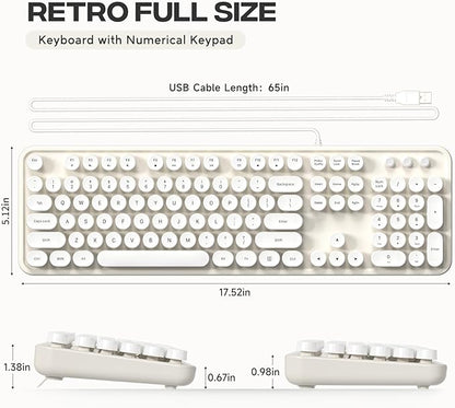 MOWUX Computer Keyboard Wired, Plug and Play USB Retro Round Typewriter Keyboard, Full Size Wired Keyboard with Foldable Stands for Laptop and Office PC- White