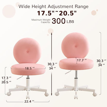 Furniliving Round Velvet Vanity Chair with Wheels, 360° Swivel Armless Desk Chair, Adjustable Height Rolling Makeup Chair for Bedroom Study Room, Pink