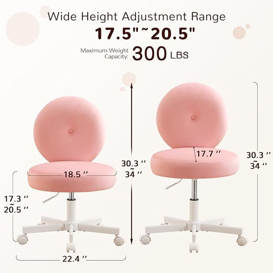 Furniliving Round Velvet Vanity Chair with Wheels, 360° Swivel Armless Desk Chair, Adjustable Height Rolling Makeup Chair for Bedroom Study Room, Pink