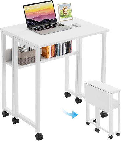 GreenForest Folding Desk with Wheels, 24.8 Inch Compact Rolling Computer Table with Storage Shelf, Portable Mobile Workstation for Small Spaces, Easy Assembly, Pure White